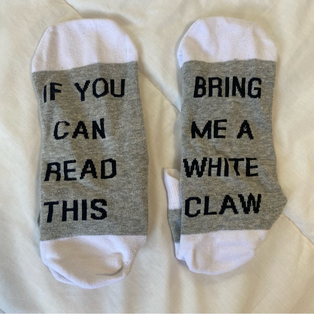 Gray and White Novelty Socks For White Claw Lovers